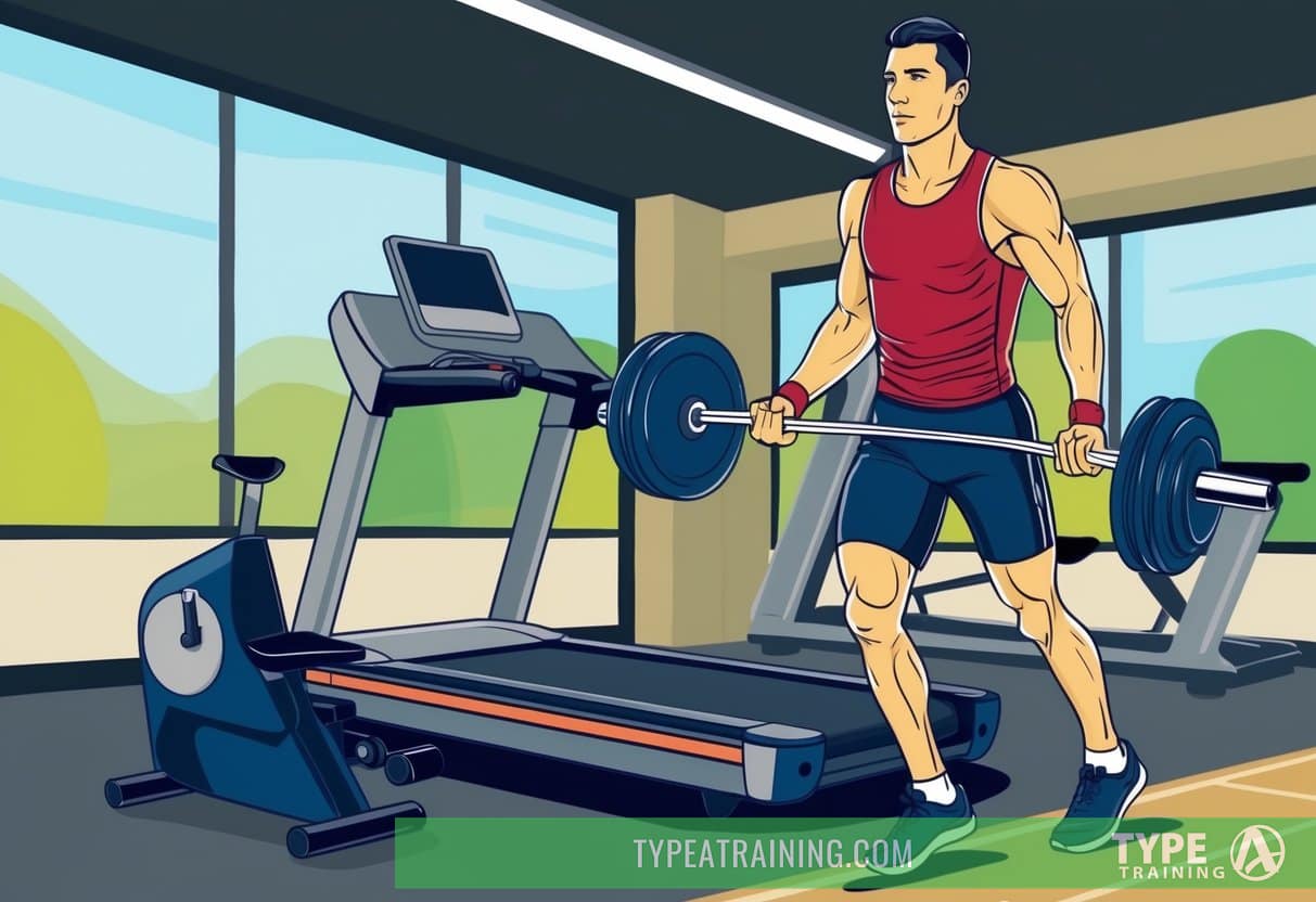 A runner lifting weights in a gym, with a treadmill in the background for cross-training