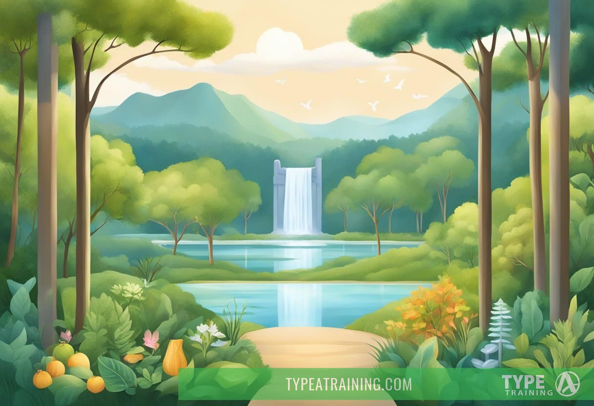 A serene landscape with eight distinct elements representing the pillars of wellness, such as nature, exercise, nutrition, and mental health