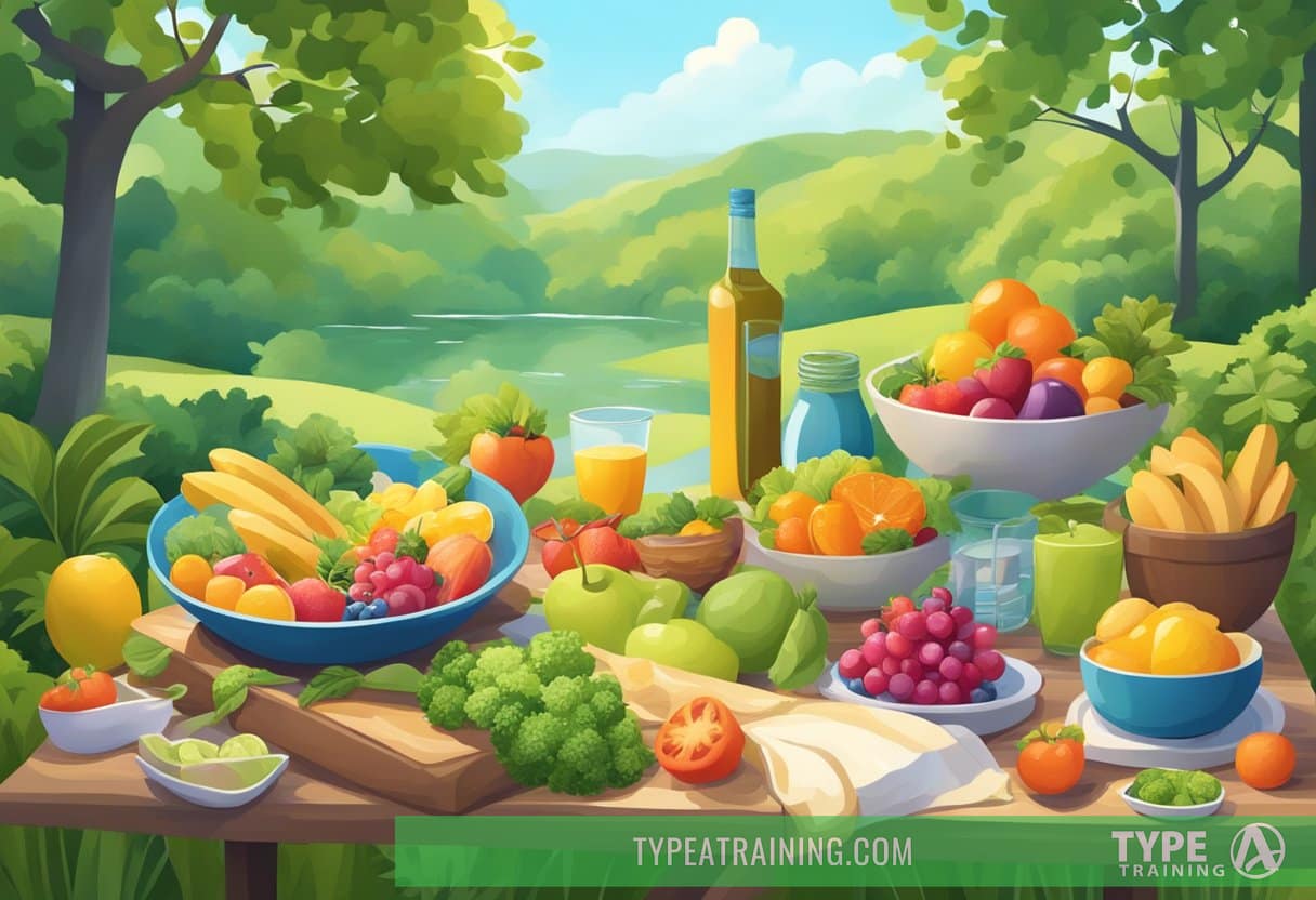 A vibrant scene with a balanced diet, exercise, and rest, surrounded by nature and fresh air