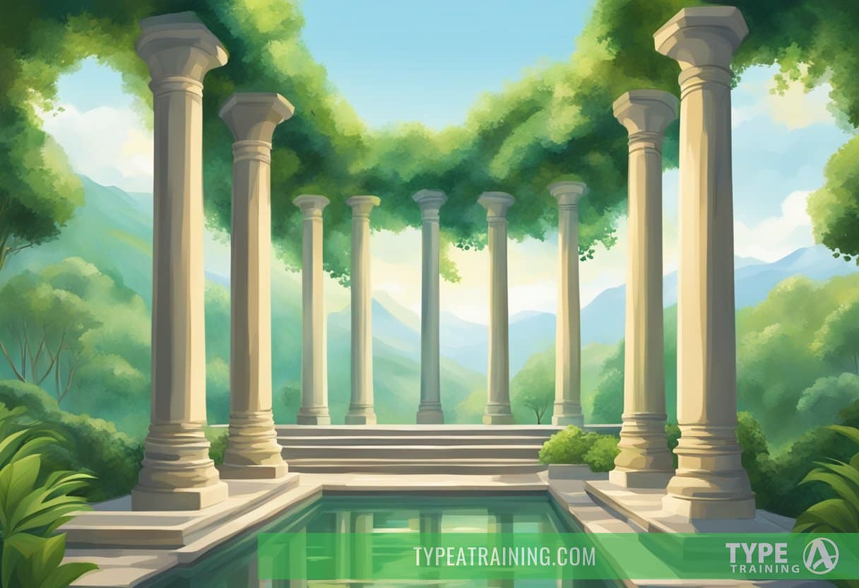 A serene landscape with eight pillars representing different aspects of emotional wellness, surrounded by lush greenery and a peaceful atmosphere