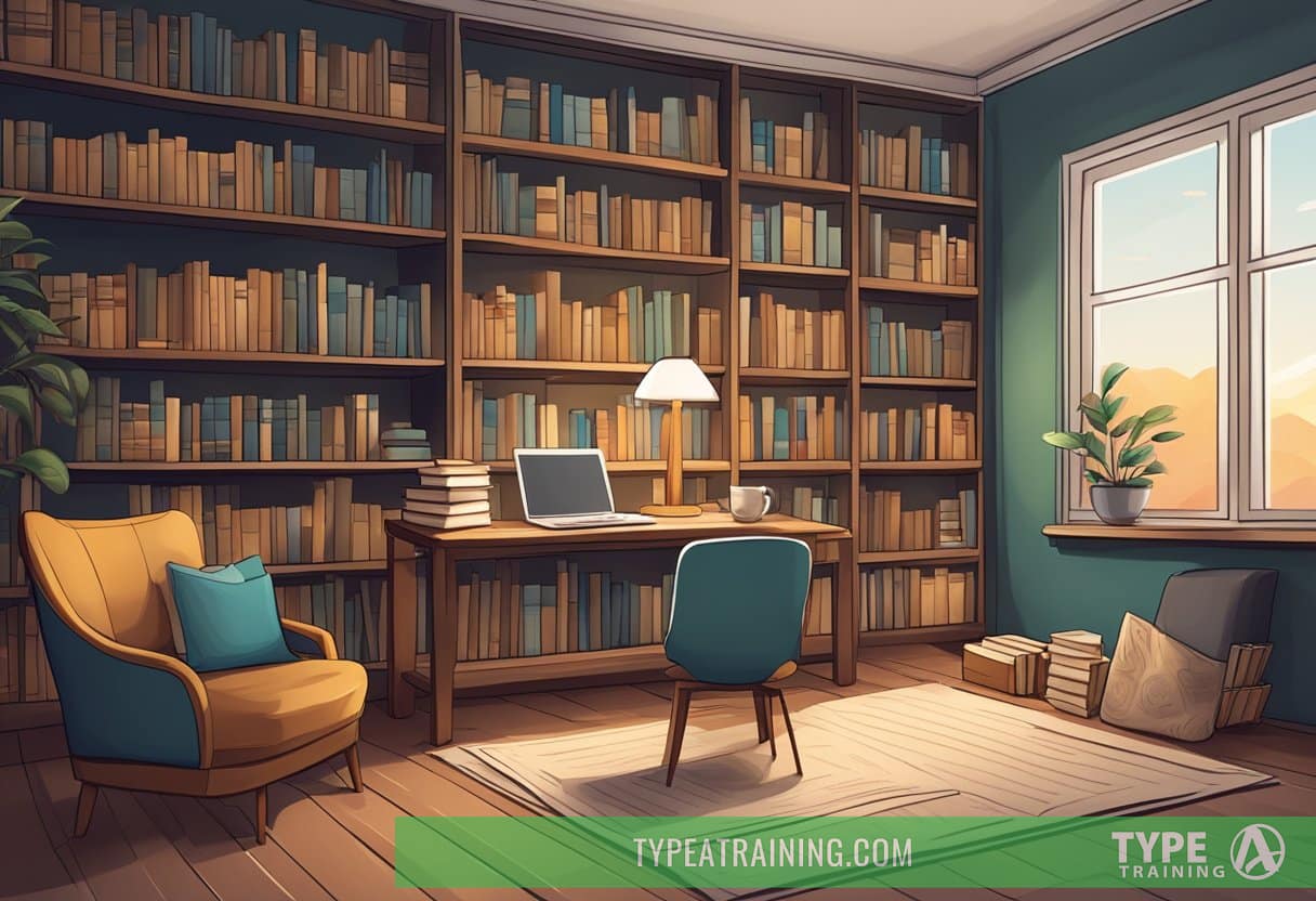A serene library with books, a cozy reading nook, and a desk with a laptop and notebooks. A cup of tea sits on the table