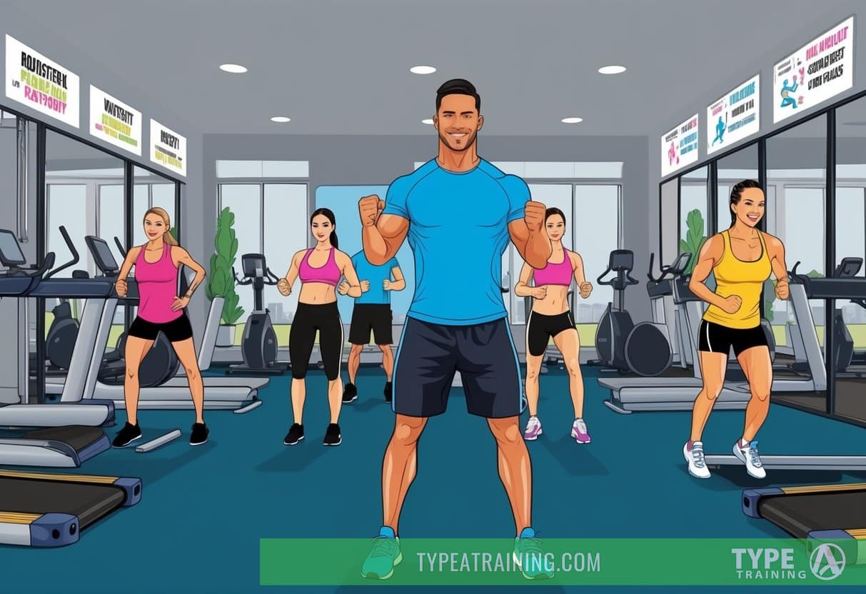 A fitness trainer leading a group workout in a modern gym with state-of-the-art equipment and motivational posters on the walls