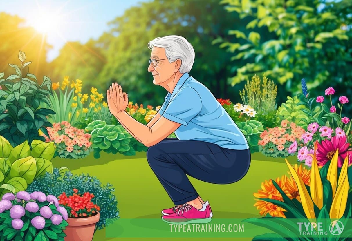 An elderly person performing squats with good posture, surrounded by a variety of healthy and vibrant plants and flowers in a sunny garden