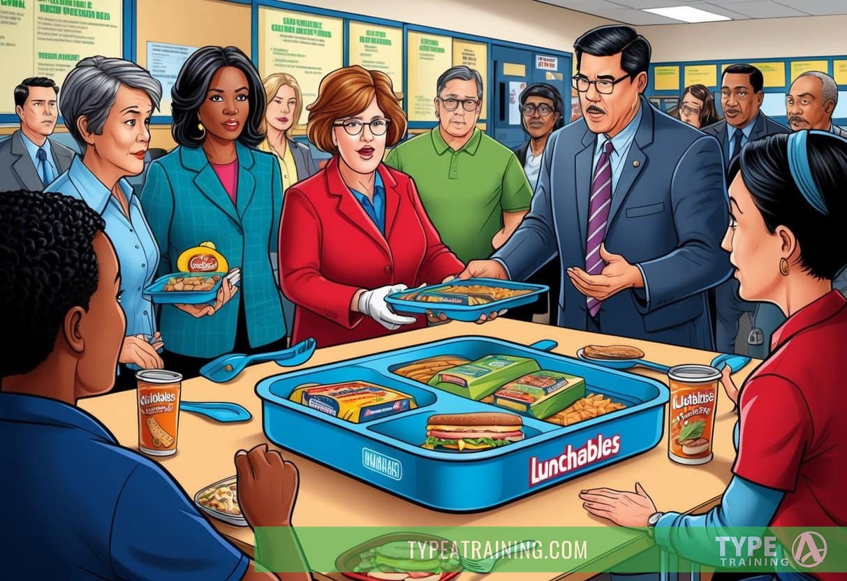 A lunch tray with Lunchables being removed from a school cafeteria menu, surrounded by concerned parents and school officials