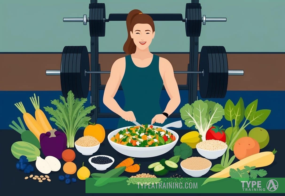 A plant-based meal being prepared, surrounded by various fruits, vegetables, grains, and legumes. A weightlifting gym in the background with equipment and weights