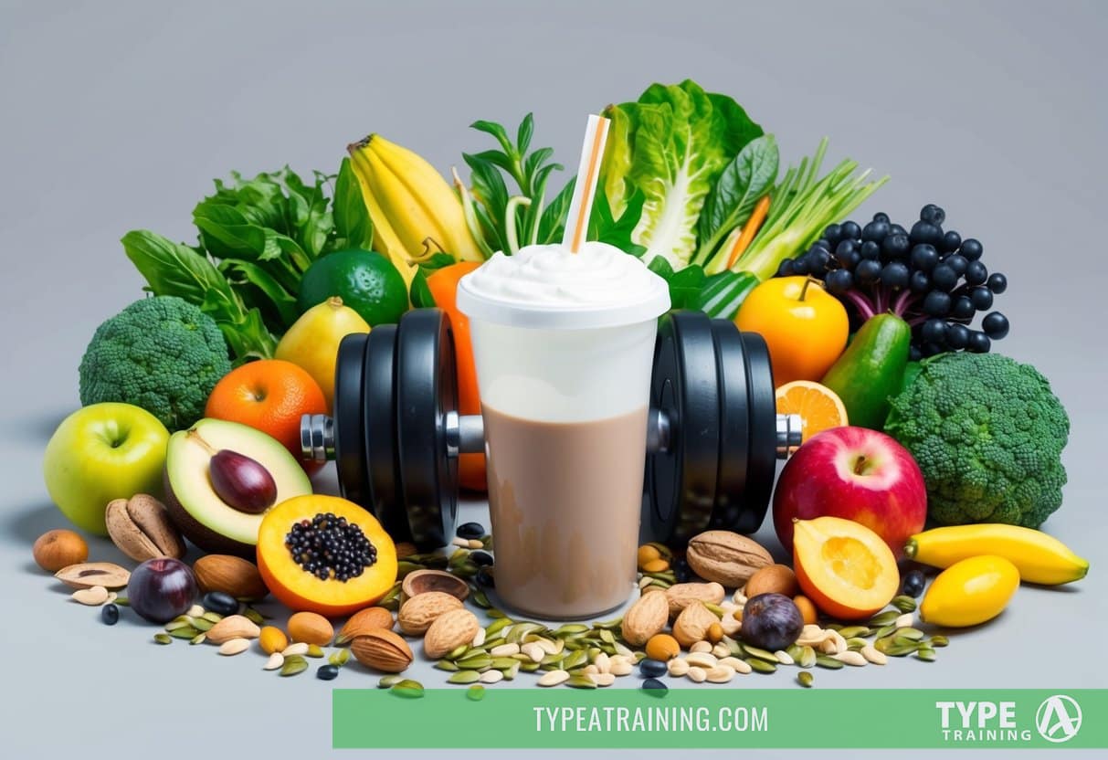 A variety of colorful fruits, vegetables, nuts, and seeds arranged around a set of dumbbells and a protein shake, symbolizing the combination of plant-based nutrition and strength training for muscle building
