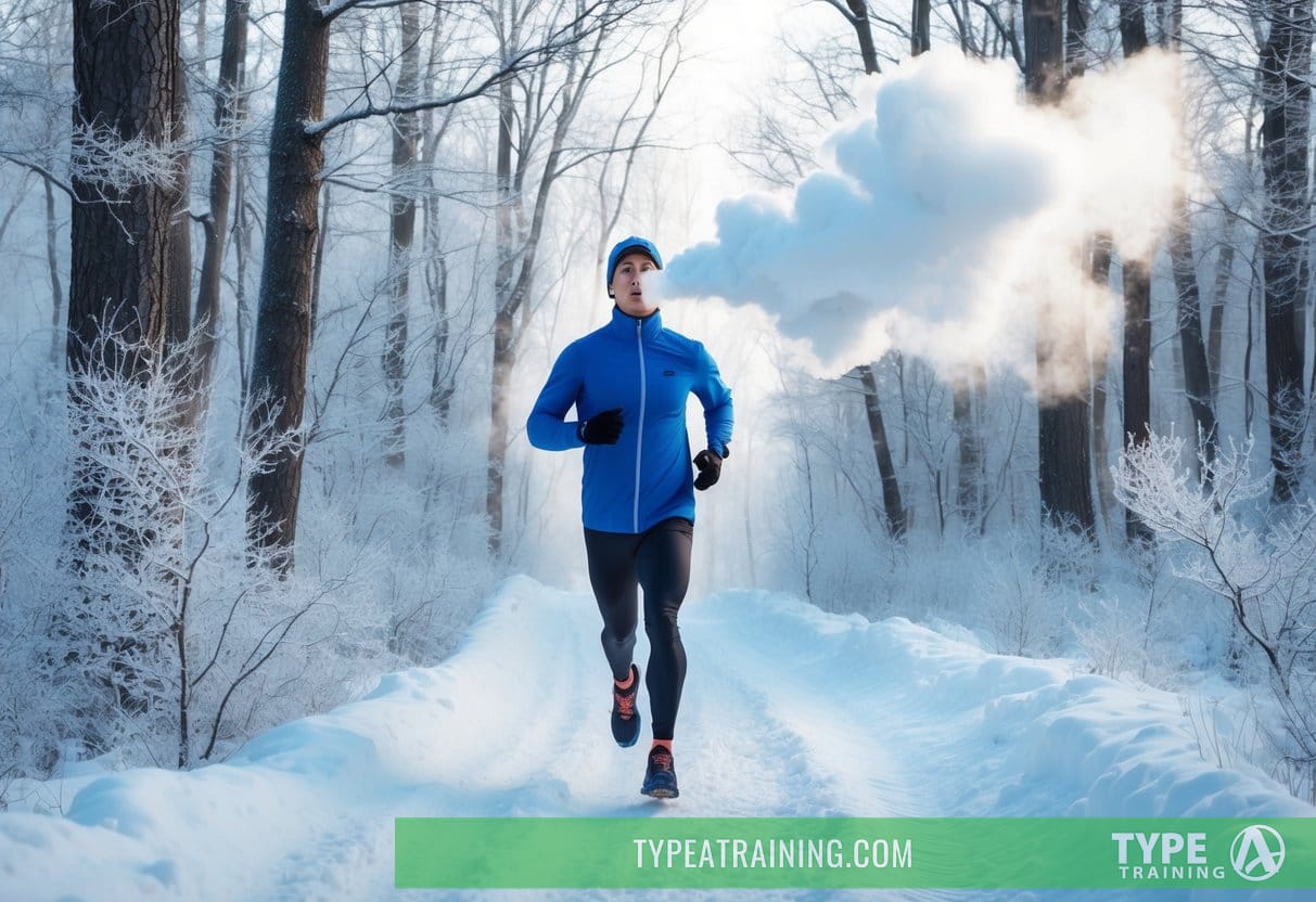 A runner on a snowy trail, surrounded by frost-covered trees, breathing out clouds of steam in the cold air