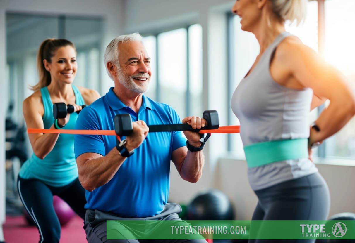 A senior exercising with a personal trainer, using resistance bands and weights, surrounded by a supportive and motivating environment