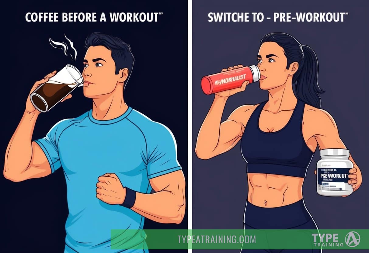 A person drinking coffee before a workout, then switching to a pre-workout supplement, showing improved performance