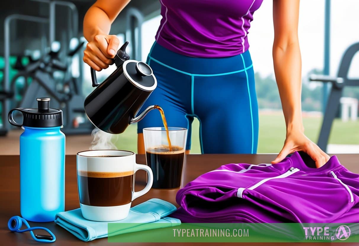 A person brewing a cup of coffee next to a set of workout clothes and a water bottle, with a gym or outdoor workout setting in the background