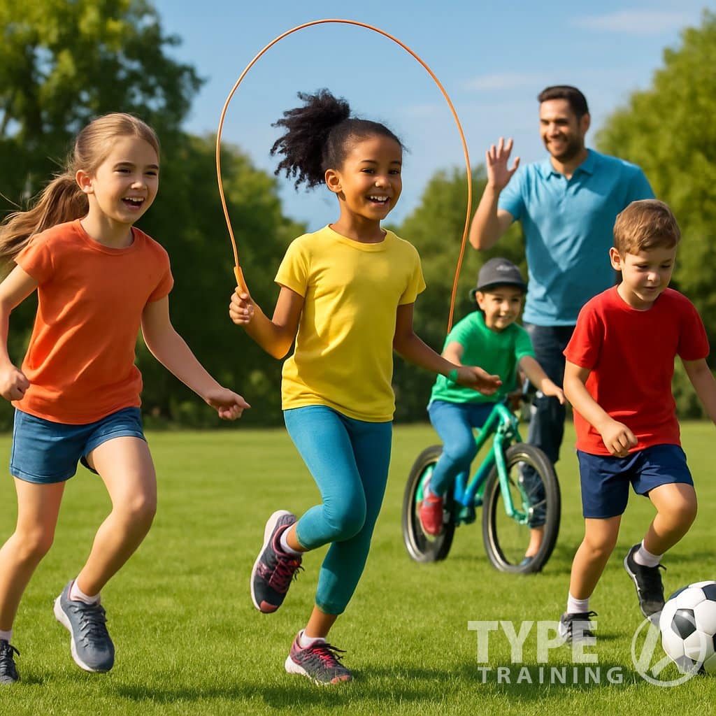 Children playing various physical activities outdoors in a sunny park, including running, jumping rope, playing soccer, and riding bicycles.