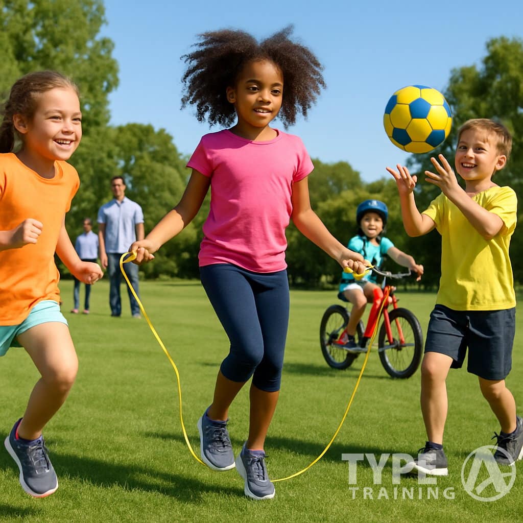 Children playing and exercising outdoors in a park, running, jumping rope, and riding bicycles on a sunny day.