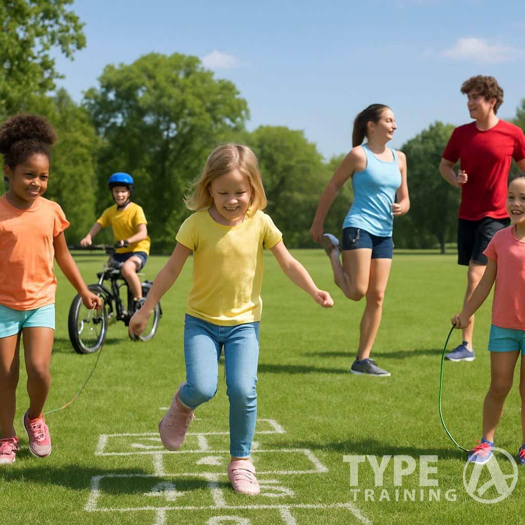 Children and teenagers engaging in various outdoor physical activities in a sunny park.