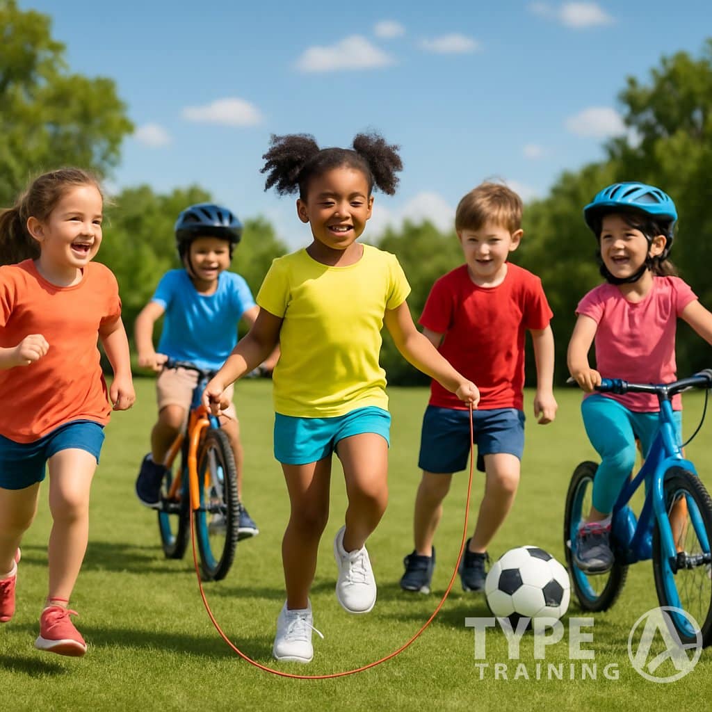 Children playing and exercising outdoors in a sunny park, running, jumping rope, playing soccer, and riding bicycles.