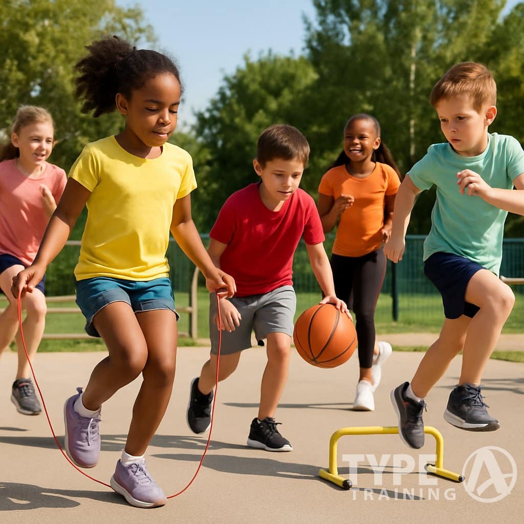 Children playing and exercising outdoors on a sunny day, running, jumping rope, and playing with a ball near a playground with small obstacles.