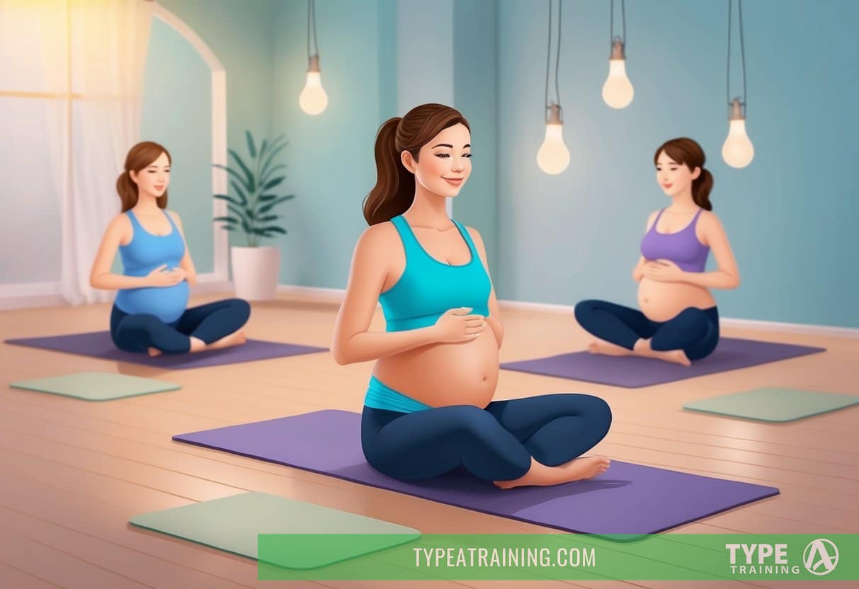 A pregnant woman in a yoga studio, surrounded by soft lighting and calming music, performing gentle, modified Pilates exercises with the guidance of a certified prenatal Pilates instructor