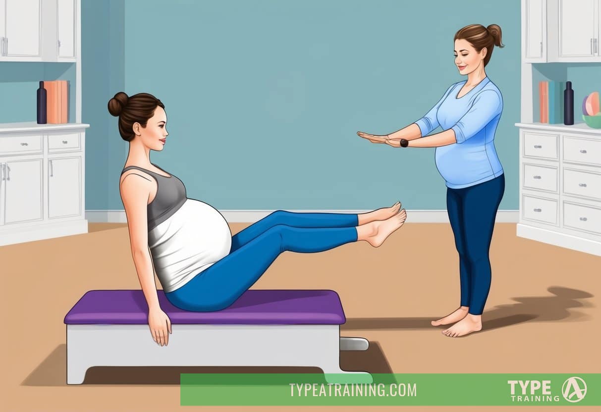 A pregnant woman doing Pilates with a prenatal instructor, demonstrating modified exercises for each trimester