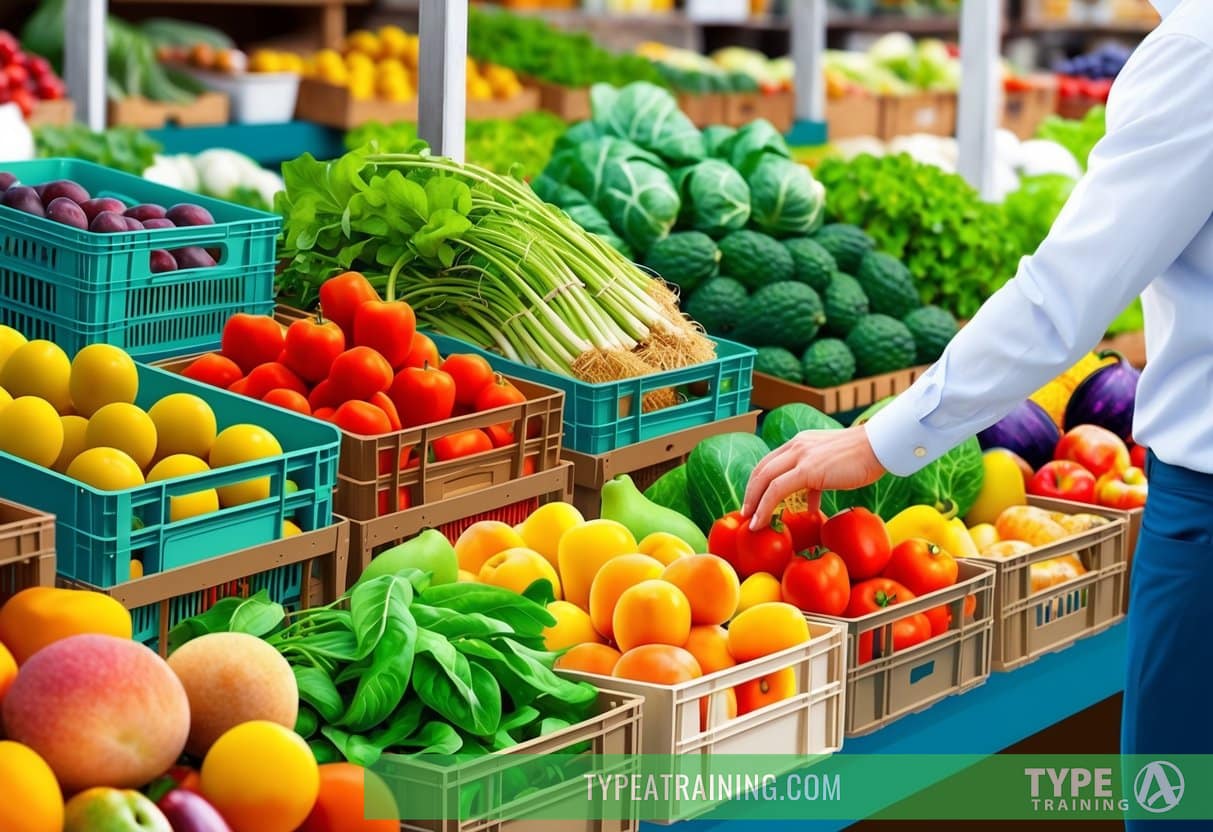 A hand selecting loose produce from a farmers market stall, with various fruits and vegetables piled in baskets and crates