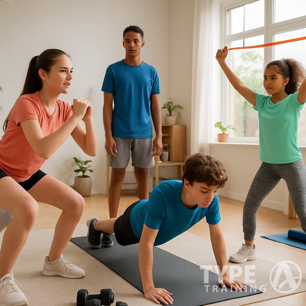 Teenagers exercising together in a bright home gym, doing squats, push-ups, and stretching.