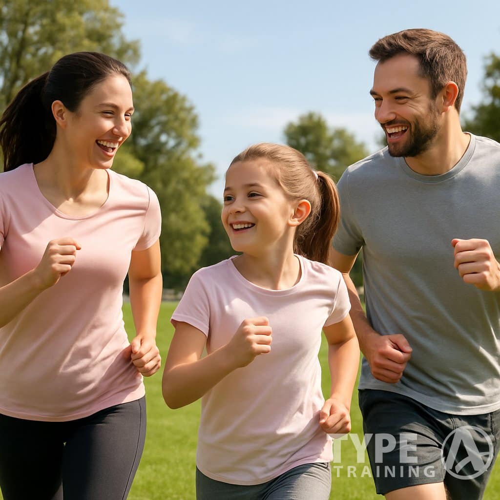 A mother and father exercising outdoors with their young daughter in a park, all smiling and enjoying the activity together.