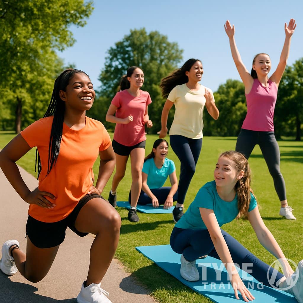 A group of teenage girls exercising together outdoors in a sunny park, jogging, stretching, and doing bodyweight exercises.