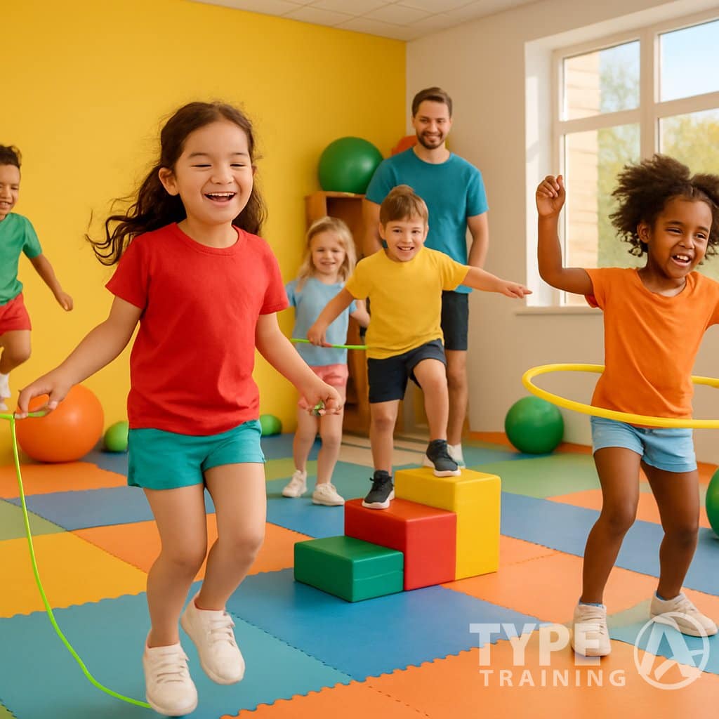 Children playing and exercising with jump ropes, hula hoops, and foam blocks in a bright indoor playroom supervised by an adult.