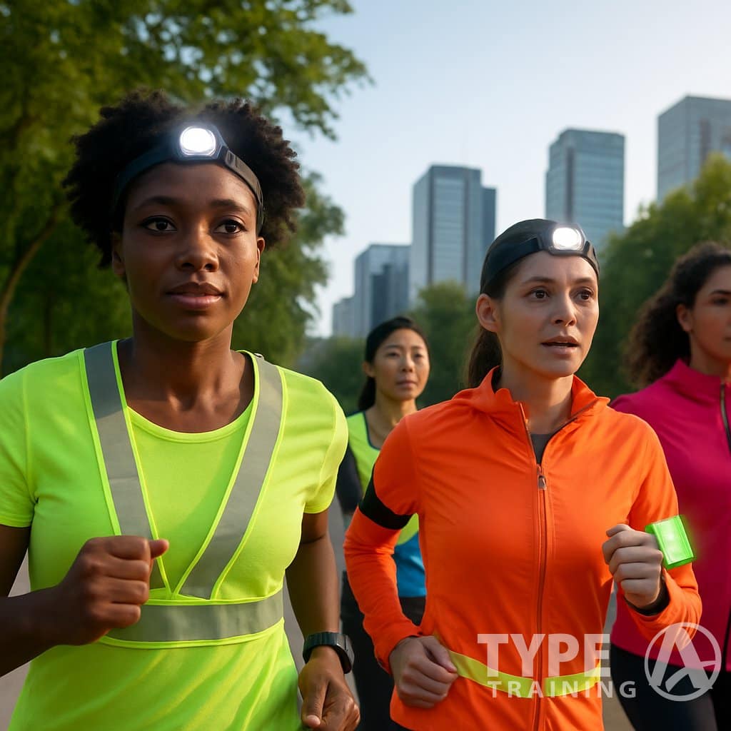 A group of women running outdoors wearing bright reflective safety gear on a city park path during early morning.