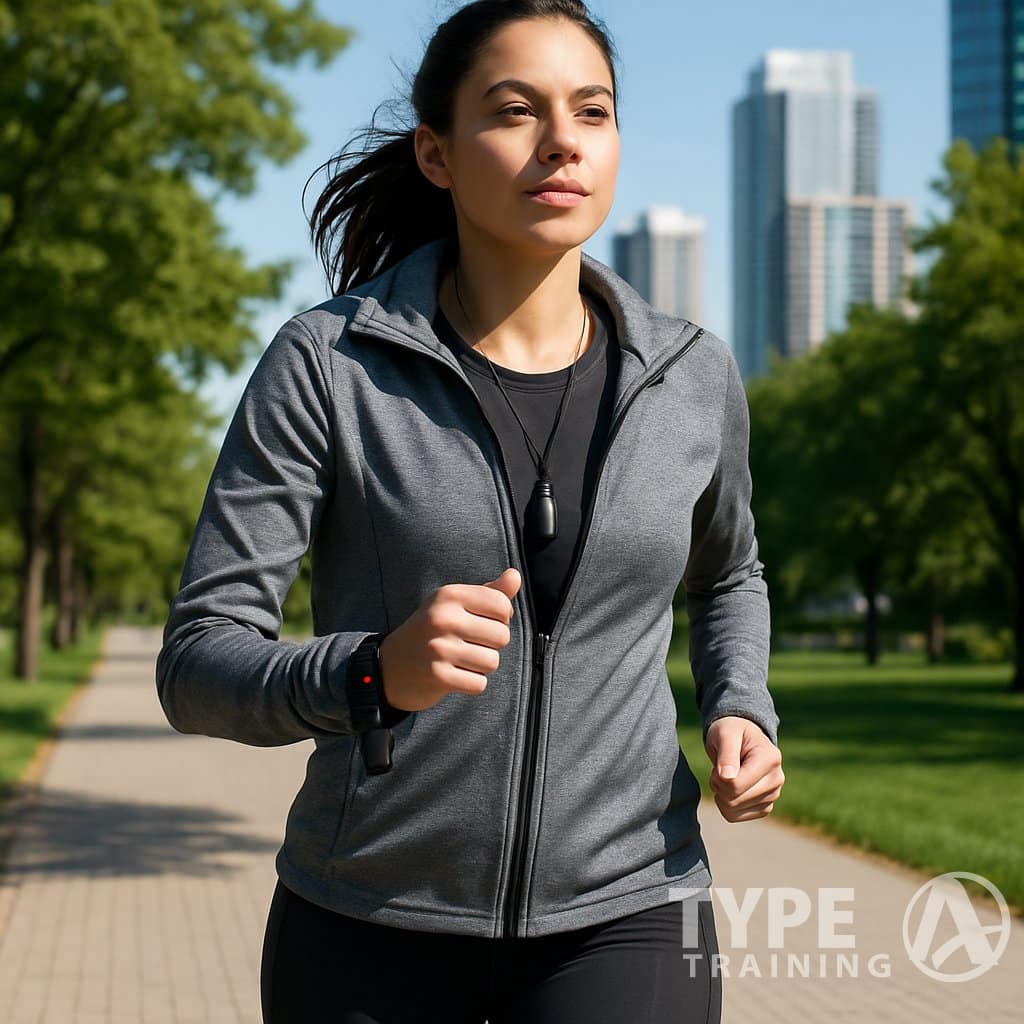 A young woman jogging on a city park path carrying personal safety tools, surrounded by trees and buildings.