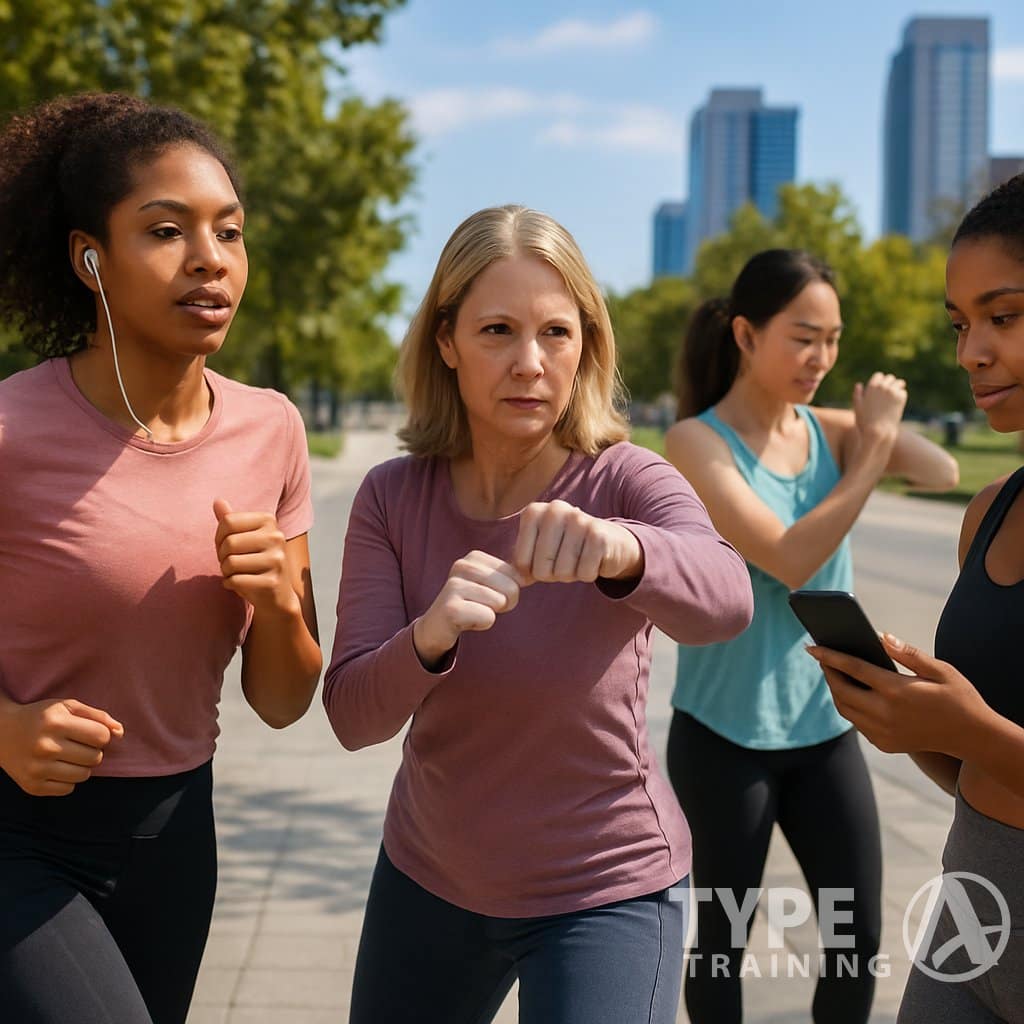 A group of women exercising and practicing self-defense in a city park during the daytime.