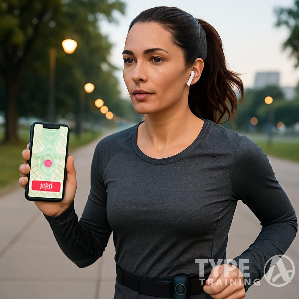 A woman running outdoors on a park pathway, wearing athletic clothes and holding a smartphone showing a running safety app.