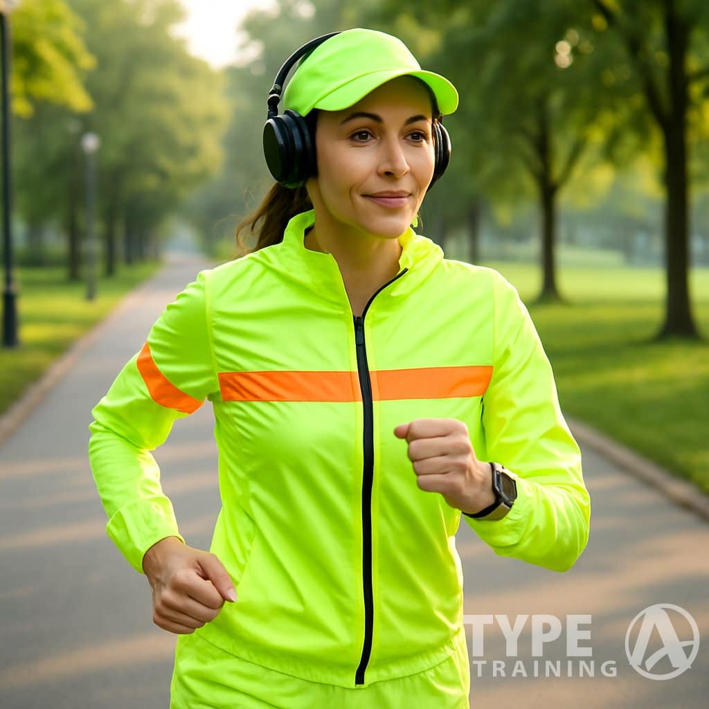 A woman jogging on a paved path in a park wearing bright reflective running clothes and a smartwatch.