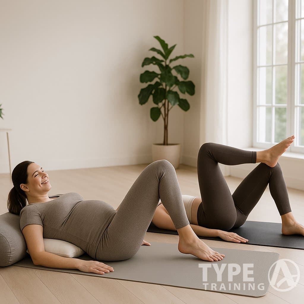 a pregnant woman lying on yoga mats with her legs up