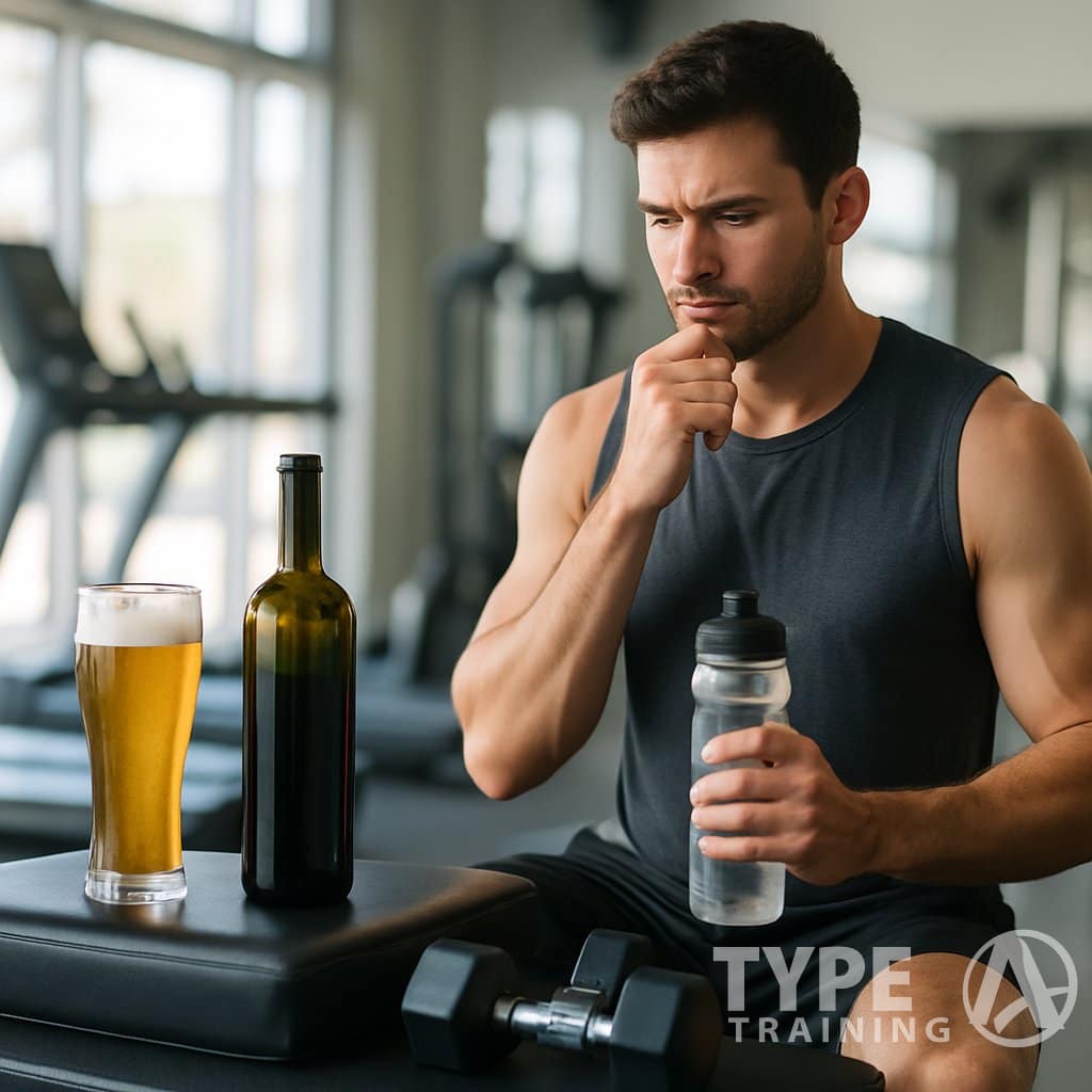 A fit young adult in workout clothes stands in a gym holding a water bottle, with a glass of beer and a wine bottle placed on a bench nearby.