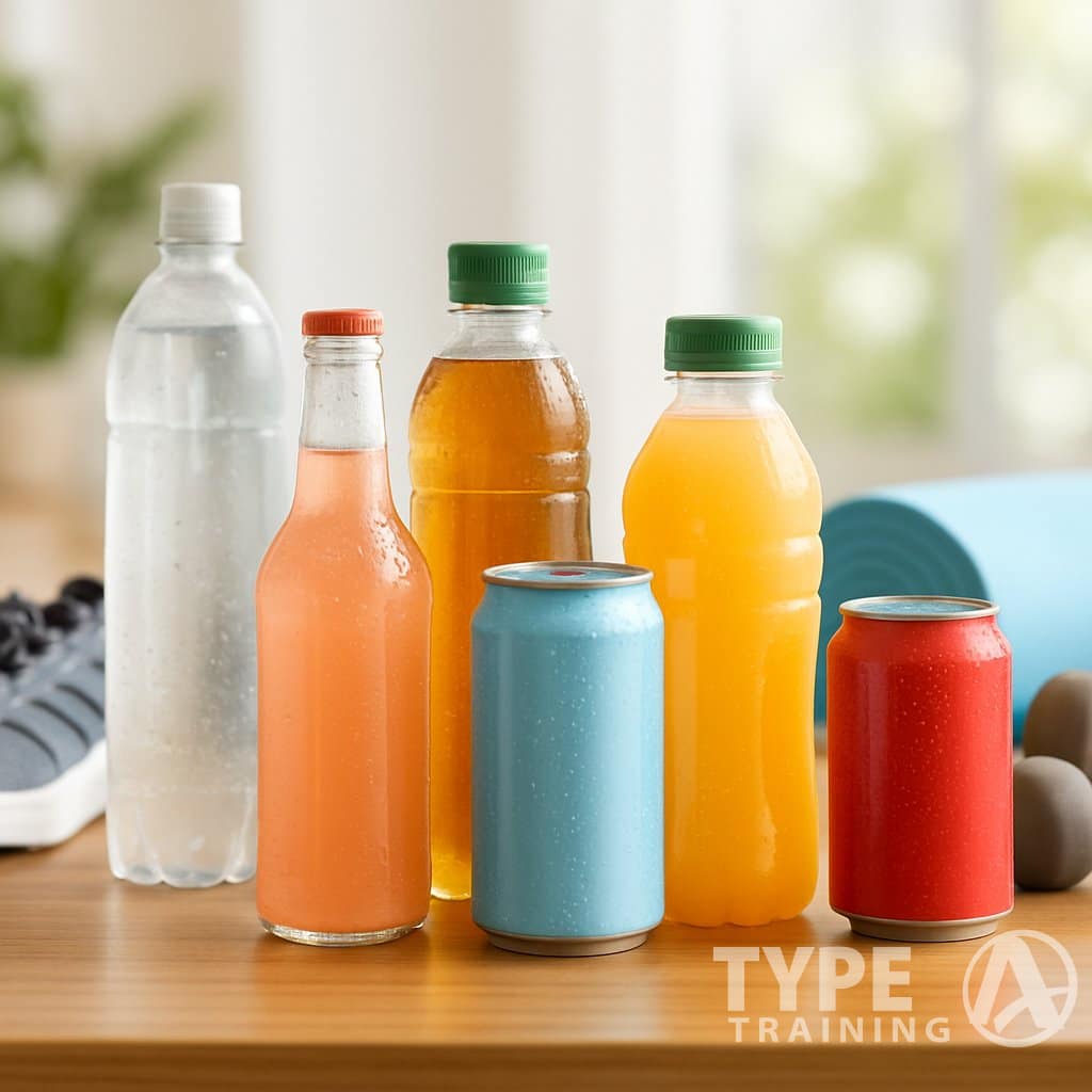 A variety of non-alcoholic beverages on a wooden table surrounded by fitness equipment like running shoes, a yoga mat, and dumbbells.