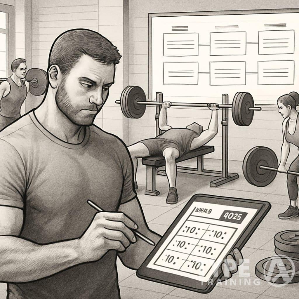A trainer plans a German Volume Training workout while athletes perform strength exercises in a gym.