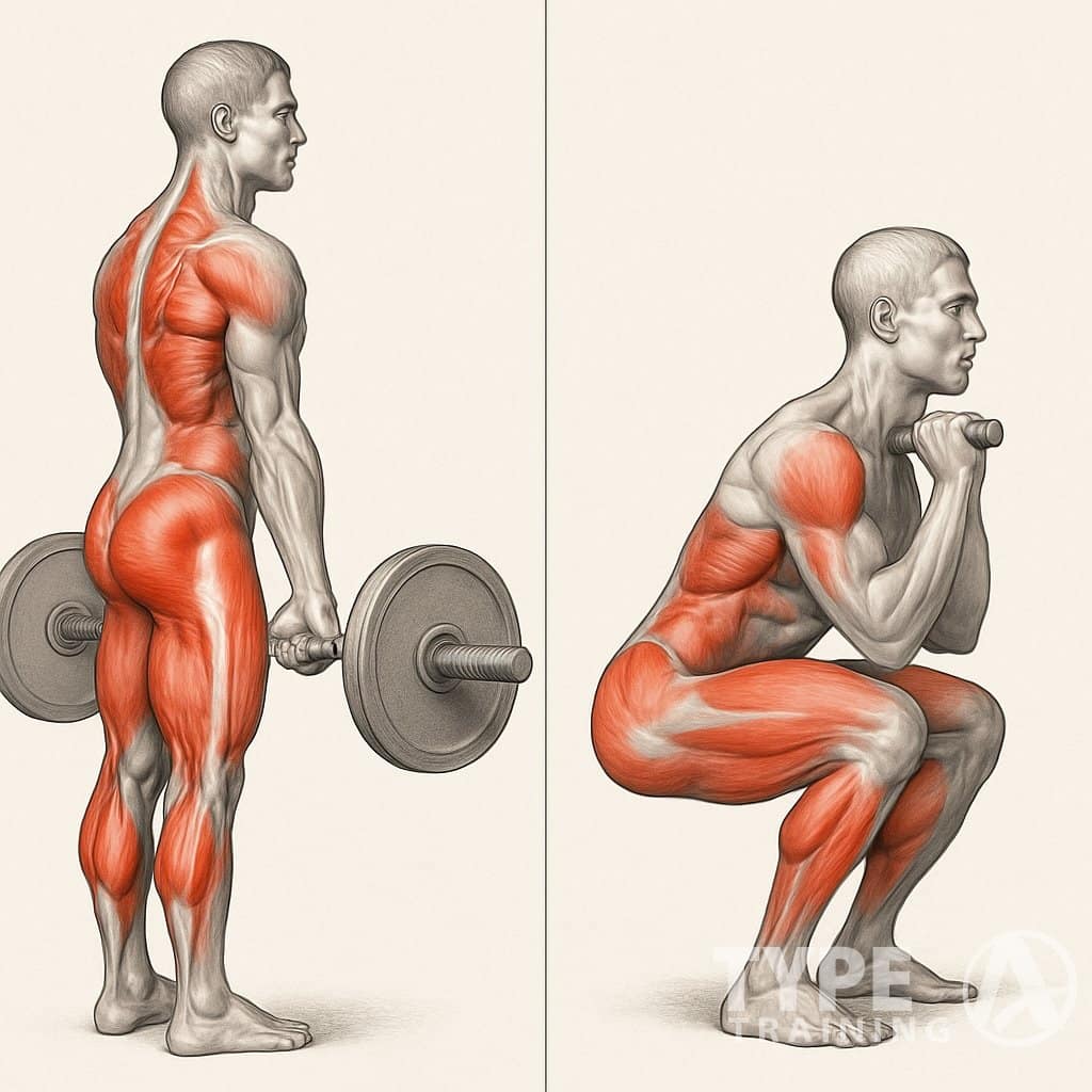 Two human figures side by side, one performing a deadlift and the other performing a squat, with highlighted muscles showing the areas worked by each exercise.