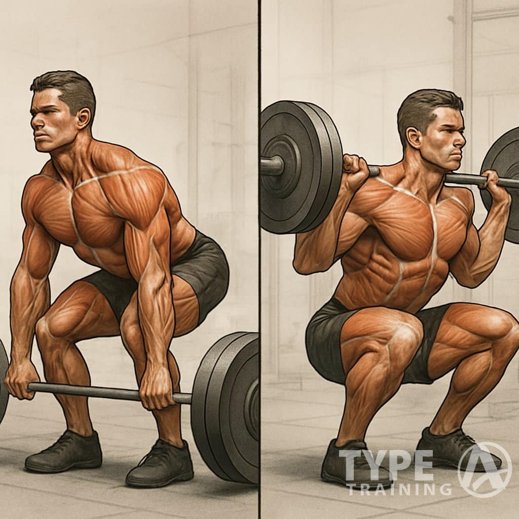 Two athletes side by side performing a deadlift and a squat with barbells in a gym setting, showing proper exercise form and muscle engagement.