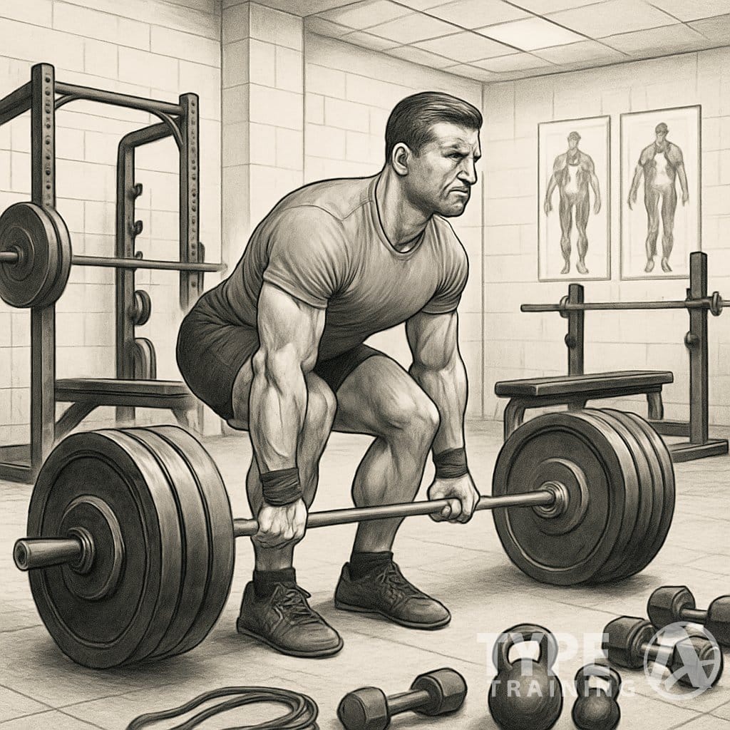 An athlete performing a deadlift in a gym surrounded by various strength training equipment.