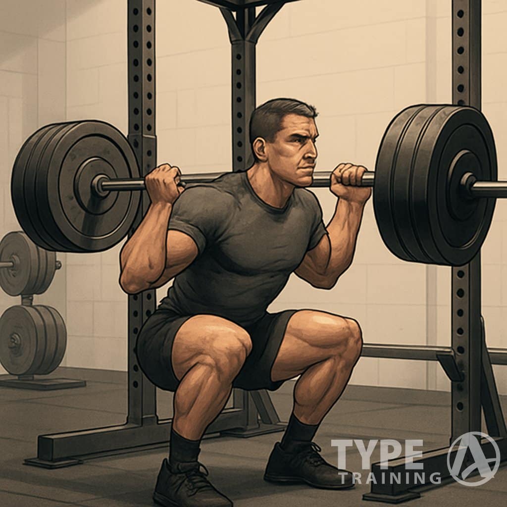 A person performing a heavy barbell squat in a gym with weight plates and equipment around.
