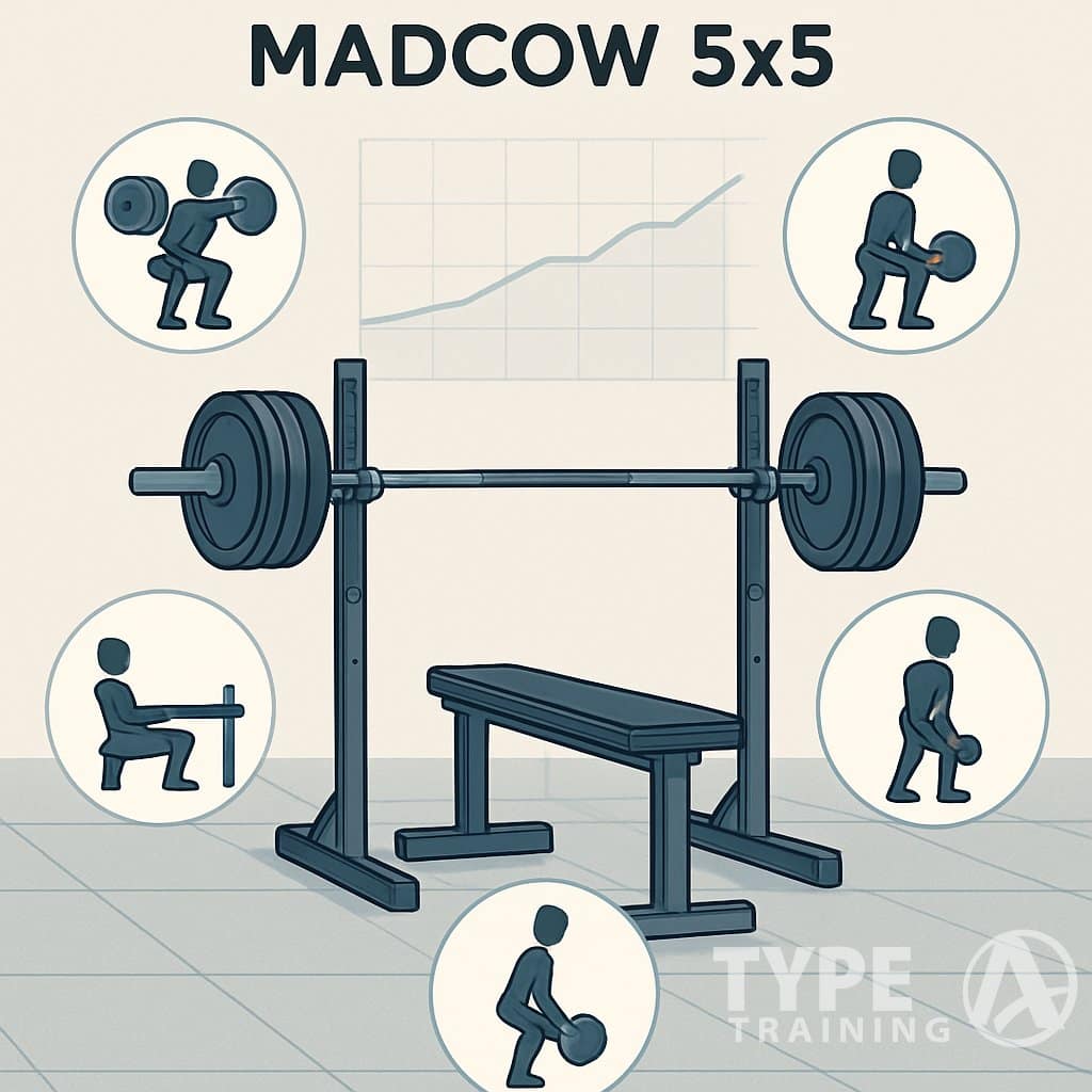 An illustration showing a gym scene with a barbell on a squat rack and simplified figures demonstrating five main weightlifting exercises.