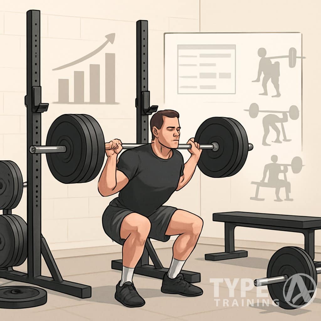 A person performing a barbell squat in a gym surrounded by strength training equipment and visual elements representing workout progression.