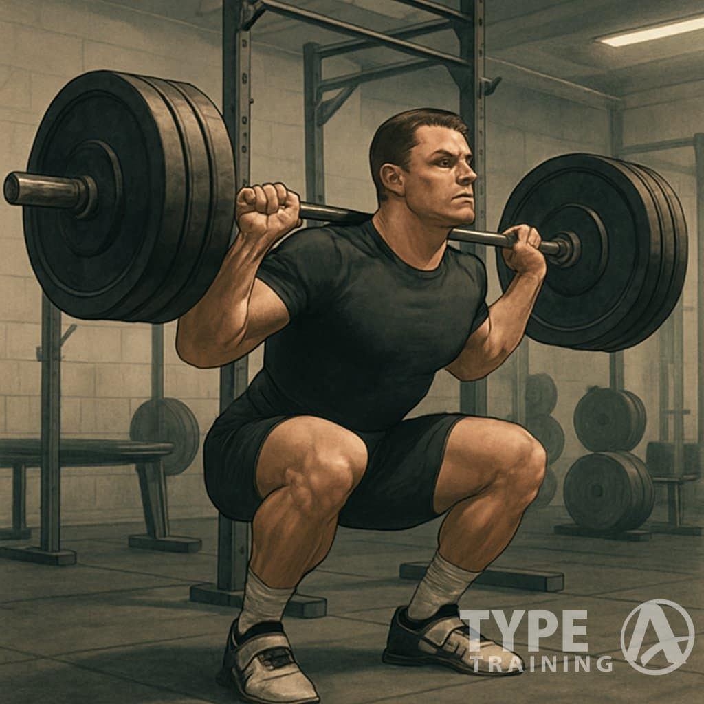 An athlete performing a heavy squat with a barbell in a well-equipped gym setting.