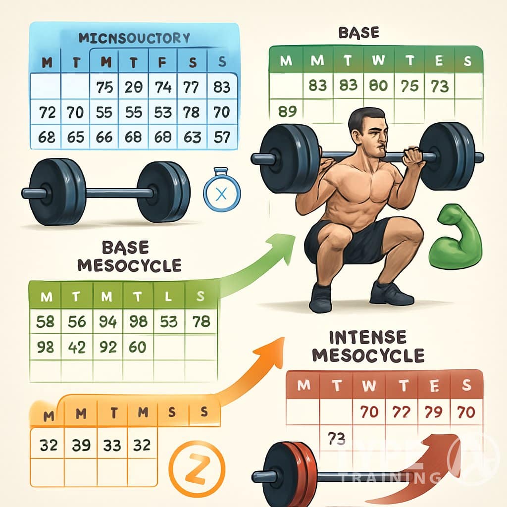Illustration showing different phases of a squat training program with a person squatting and visual indicators of workout progression.