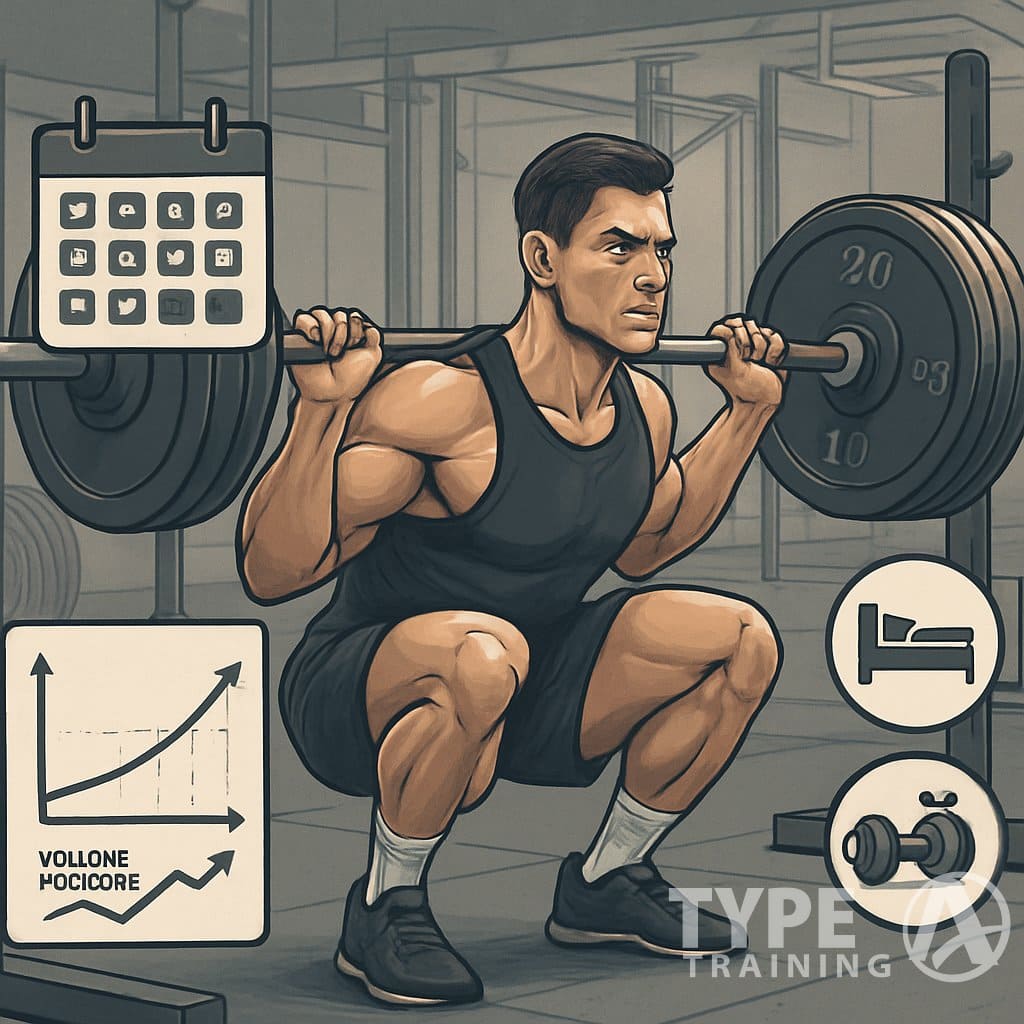 An athlete performing a deep barbell squat in a gym, surrounded by visual elements representing training phases, rest, nutrition, and recovery.