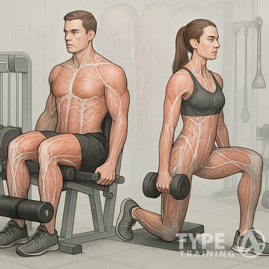 Two athletes performing strength training exercises in a gym with an anatomical overlay showing muscles and fascia being stretched.
