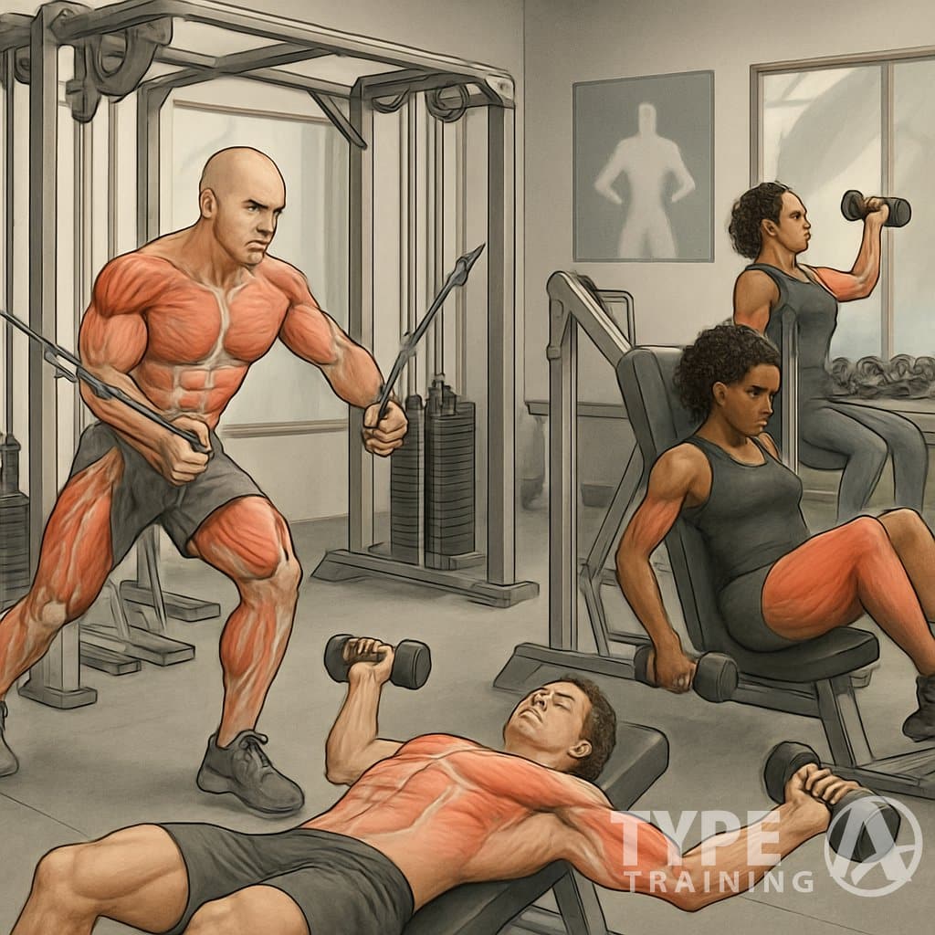 A gym scene showing people performing various strength training exercises using equipment like cables, benches, and dumbbells, highlighting muscle engagement and stretching.