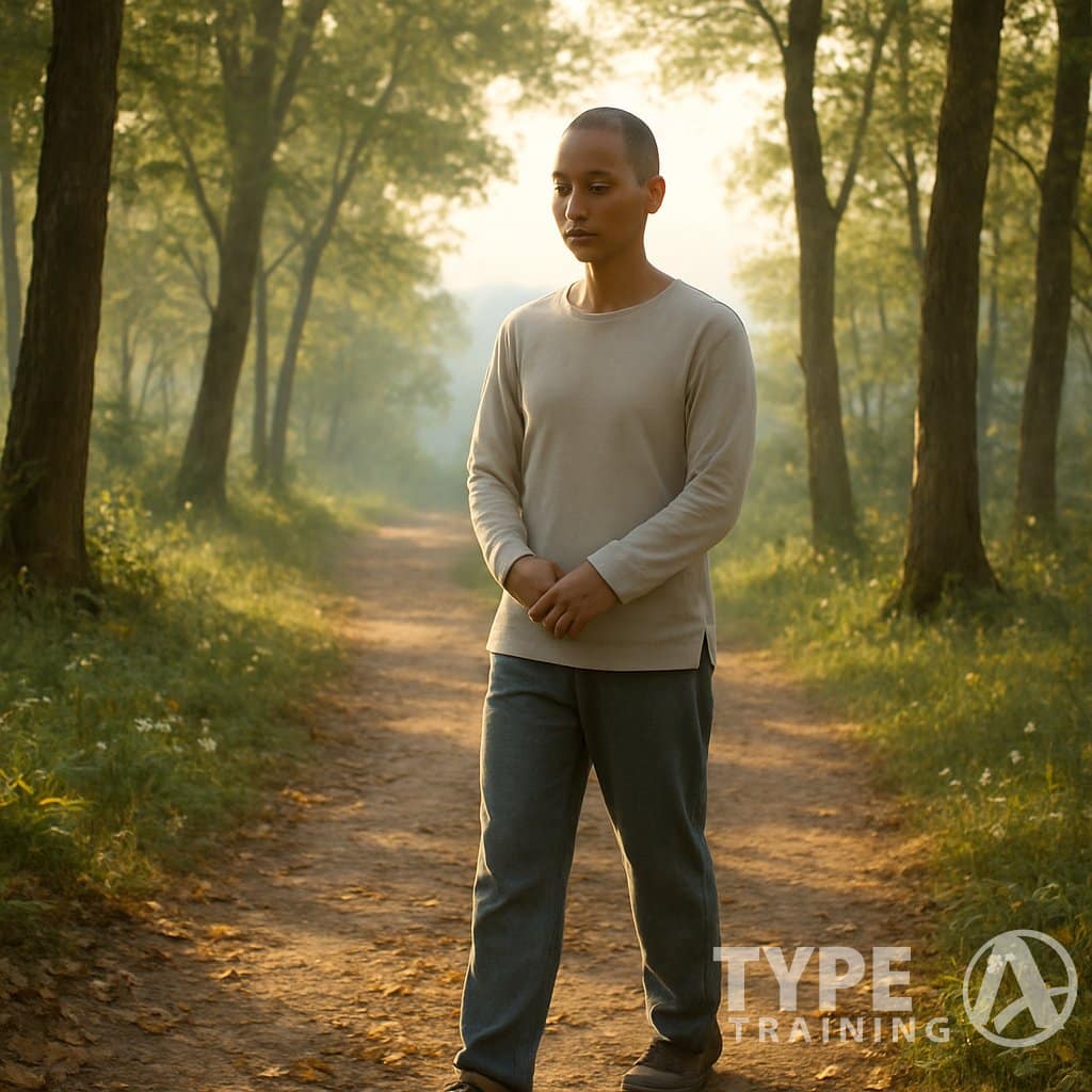 A person walking slowly on a forest path surrounded by trees and sunlight, appearing calm and focused.