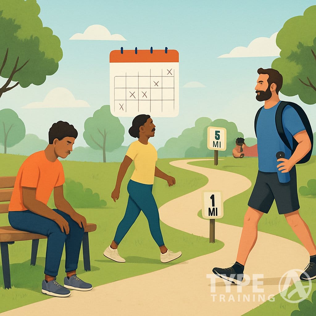 A group of people walking along a park path at different stages of progress, from starting out to walking longer distances, with trees and a clear sky in the background.