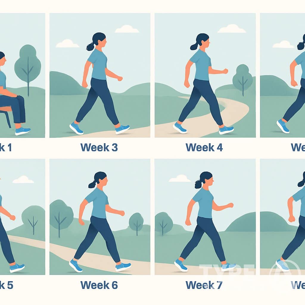 Illustration of a timeline showing a person gradually increasing walking activity over eight weeks, starting from sitting still to walking confidently outdoors on a path surrounded by trees and hills.
