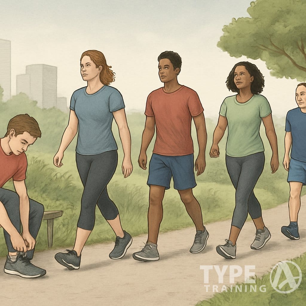 A group of diverse people walking along a scenic path at different stages of a walking plan, from starting out to walking longer distances, surrounded by trees and greenery.